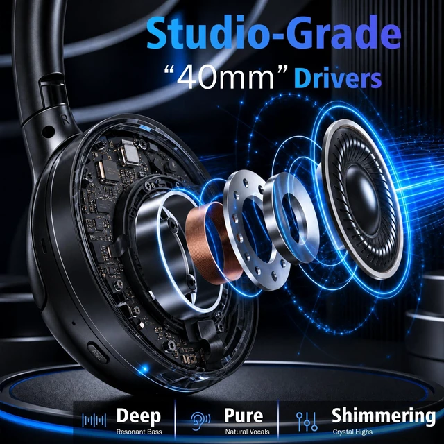 Alt view image 5 of 7 - Bluetooth 6.0 Noise Cancelling Headphones - Over Ear Headphones with -35dB ANC, 66H Playtime, Dual Device Pairing, Transparency Mode, Low Latency Game Mode, AUX, Type-C, for Daily, Gaming
