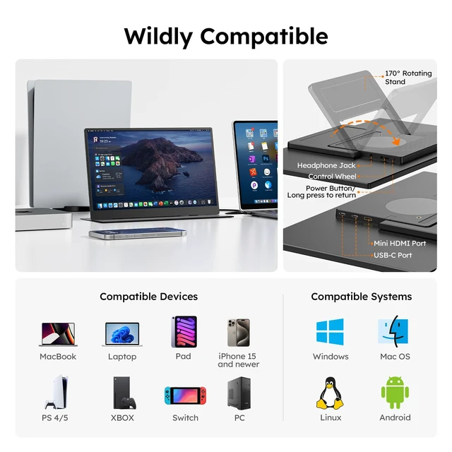 Alt view image 5 of 7 - 15.6" Portable Monitor with Smart Cover FHD 1080P Travel Monitor for Laptop Built-in Speaker& Stand, IPS USB-C&Mini HDMI Screen Extender for Laptop Mac PC Phone Xbox PS4/5 Switch with Stand Case