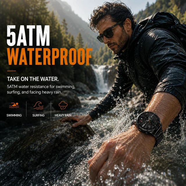 Alt view image 4 of 7 - Rugged Smart Watch for Men, Standalone GPS, 1.43" AMOLED, 3 Bands Altimeter, Compass & Barometer, 5ATM Waterproof, 24H GPS Tracking,15-Day Battery, Bluetooth Calls, For Android & iPhone,Black