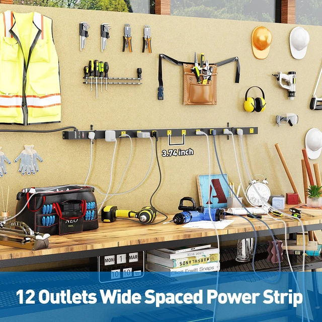 Alt view image 6 of 7 - 12 Outlet Industrial Long Power Strip Wide-Spaced Outlets with 15Ft Cord Heavy Duty Metal Power Strip with Wide-Spaced Outlets & 2100J Overload Protection, ETL Listed for Garage Workshop Office Home