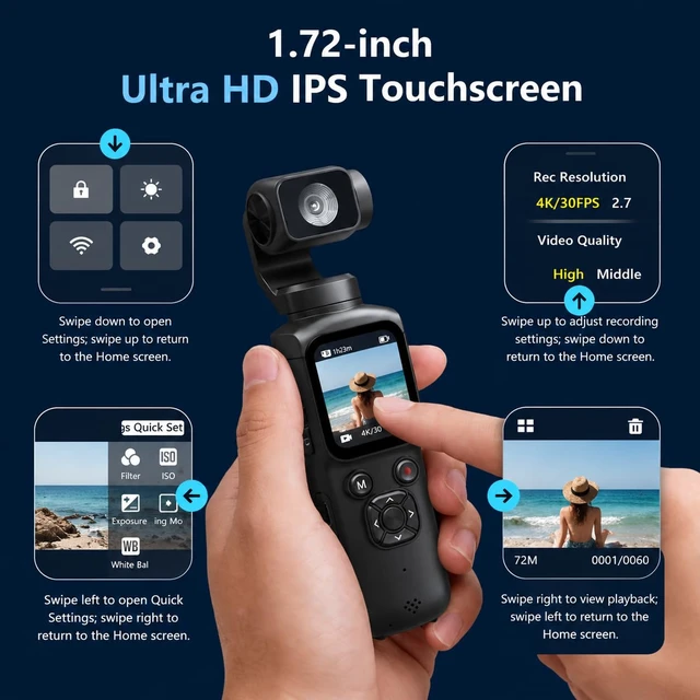 Alt view image 3 of 7 - 4K Vlogging Camera,75MP Pocket Digital Camera with 330° Rotating Lens YouTube Camera WiFi,1.72" Touch Screen,Face Tracking,16GB TF Card & Tripod,Handheld Camera for Daily Recording
