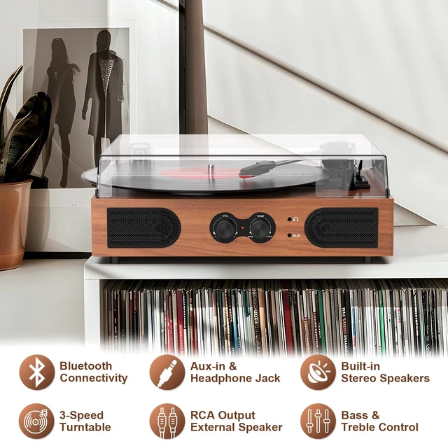 Alt view image 2 of 7 - Vinyl Record Player with Speakers,Bass Control, 3 Speed Bluetooth Turntable Built-in Stereo Speakers, Wireless Music Playback, Treble Tone Control, AUX Input, RCA Output, Headphone Jack,Auto Stop