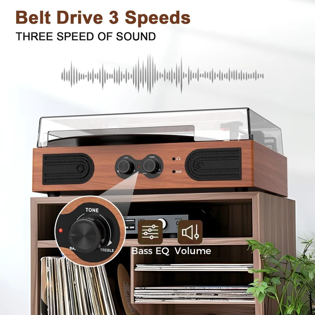 Alt view image 3 of 7 - Vinyl Record Player with Speakers,Bass Control, 3 Speed Bluetooth Turntable Built-in Stereo Speakers, Wireless Music Playback, Treble Tone Control, AUX Input, RCA Output, Headphone Jack,Auto Stop