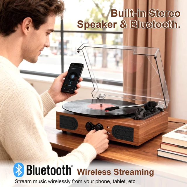Alt view image 4 of 7 - Vinyl Record Player with Speakers,Bass Control, 3 Speed Bluetooth Turntable Built-in Stereo Speakers, Wireless Music Playback, Treble Tone Control, AUX Input, RCA Output, Headphone Jack,Auto Stop
