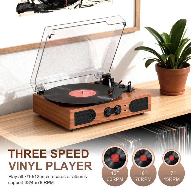 Alt view image 6 of 7 - Vinyl Record Player with Speakers,Bass Control, 3 Speed Bluetooth Turntable Built-in Stereo Speakers, Wireless Music Playback, Treble Tone Control, AUX Input, RCA Output, Headphone Jack,Auto Stop