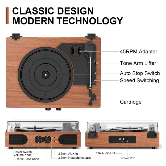 Alt view image 7 of 7 - Vinyl Record Player with Speakers,Bass Control, 3 Speed Bluetooth Turntable Built-in Stereo Speakers, Wireless Music Playback, Treble Tone Control, AUX Input, RCA Output, Headphone Jack,Auto Stop