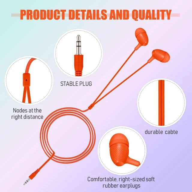 Alt view image 3 of 7 - 200 Pack Earbuds Bulk Earphones 3.5 mm Classroom Headphones for Adult Assorted Colors Earbud Wired Earphone Without Mic for Adult Office Home Individually Bagged(Colorful)