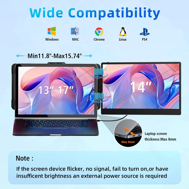 Alt view image 3 of 7 - 14 Inch Laptop Screen Extender IPS FHD 1080P Plug and Play Extra Screen Portable Travel Work Monitor USB-C HDMI Port Compatible with Wins Mac Chrome Dex Fits 13-17" Laptops
