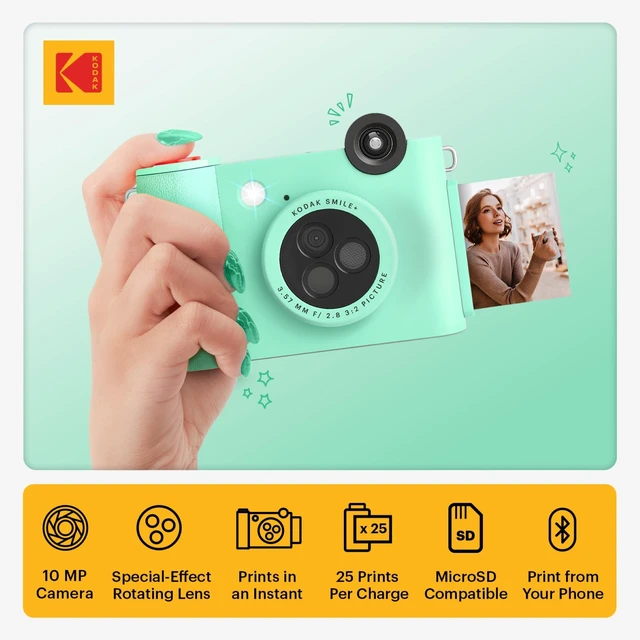 Alt view image 2 of 7 - Smile+ 2-in-1 Digital Instant Print Camera & Wireless Bluetooth Photo Printer - 10MP, Special-Effect Rotating Lens, Zink 2x3 Sticky-Back Photos, Print via Fun App from Smart Devices - Green