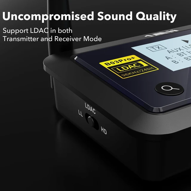 Alt view image 2 of 7 - B03Pro+ Bluetooth 5.3 Transmitter Receiver w/LDAC for TV Home Stereo Long Range Wireless Audio Adapter with Screen, Dual Link, Optical RCA 3.5mm AUX Outputs/Inputs, Soundbar Passthrough