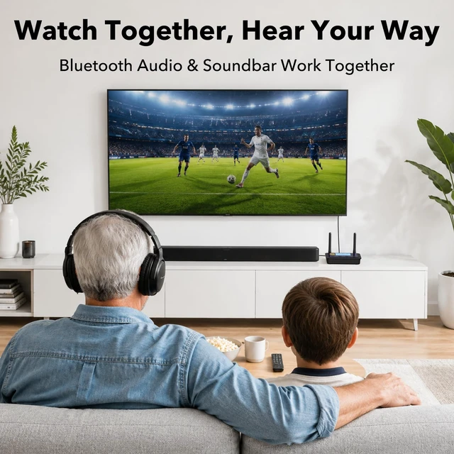 Alt view image 4 of 7 - B03Pro+ Bluetooth 5.3 Transmitter Receiver w/LDAC for TV Home Stereo Long Range Wireless Audio Adapter with Screen, Dual Link, Optical RCA 3.5mm AUX Outputs/Inputs, Soundbar Passthrough