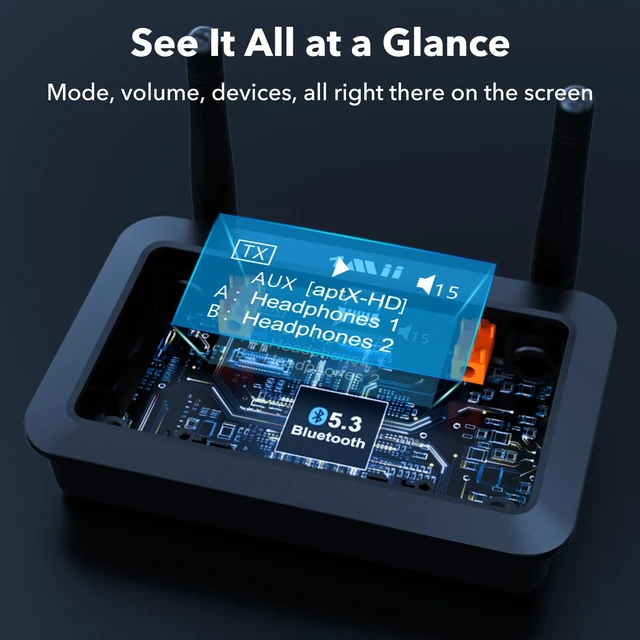 Alt view image 7 of 7 - B03Pro+ Bluetooth 5.3 Transmitter Receiver w/LDAC for TV Home Stereo Long Range Wireless Audio Adapter with Screen, Dual Link, Optical RCA 3.5mm AUX Outputs/Inputs, Soundbar Passthrough