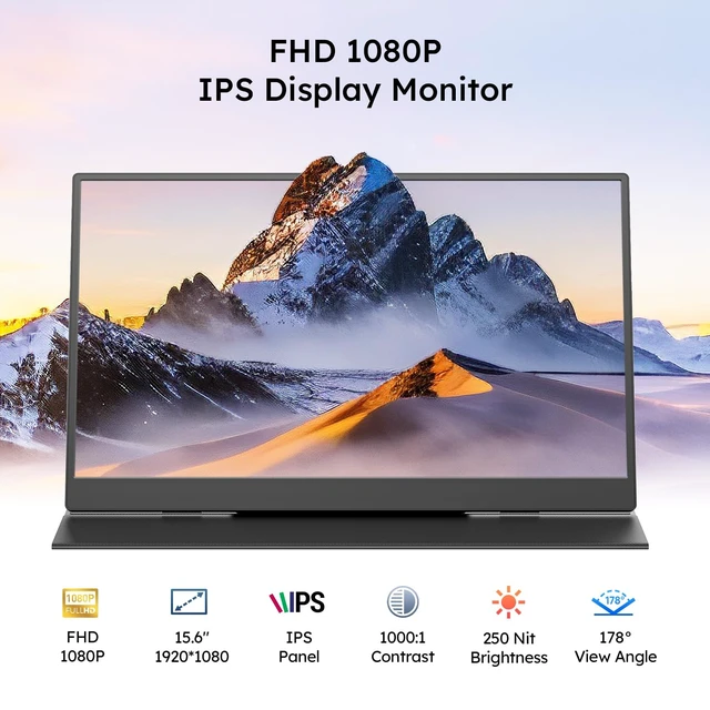 Alt view image 3 of 7 - 15.6" Portable Monitor with Foldable Stand & Carry Case, 1080P IPS External Display, 75x75mm VESA Mount, Built-in Speakers, USB-C & HDMI for Laptop, Mac, PC, Phone, Xbox, PS4/5, Switch