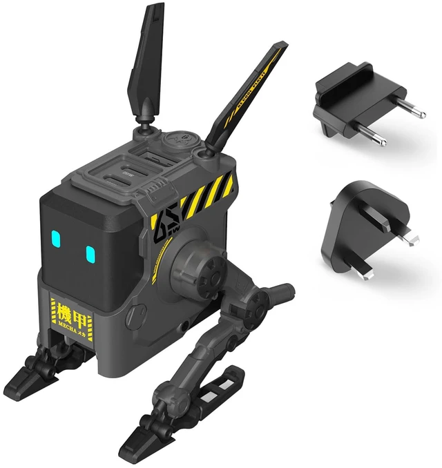 Main image of 65W GaN Robot USB-C Charger with 3 Ports Includes interchangeable US, EU and UK plug adapters with a foldable design for effortless charging anywhere