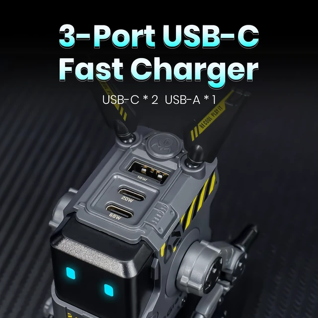 Alt view image 4 of 7 - 65W GaN Robot USB-C Charger with 3 Ports Includes interchangeable US, EU and UK plug adapters with a foldable design for effortless charging anywhere