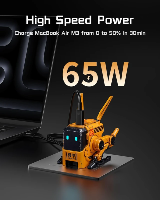 Alt view image 2 of 7 - 65W GaN Robot USB-C Charger with 3 Ports Futuristic Robot-Inspired Design with Foldable Legs, 2 USB-C & 1 USB-A Ports for Fast Charging with Iconic Desktop Style