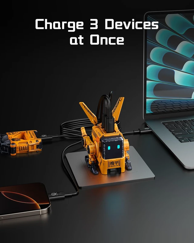 Alt view image 3 of 7 - 65W GaN Robot USB-C Charger with 3 Ports Futuristic Robot-Inspired Design with Foldable Legs, 2 USB-C & 1 USB-A Ports for Fast Charging with Iconic Desktop Style