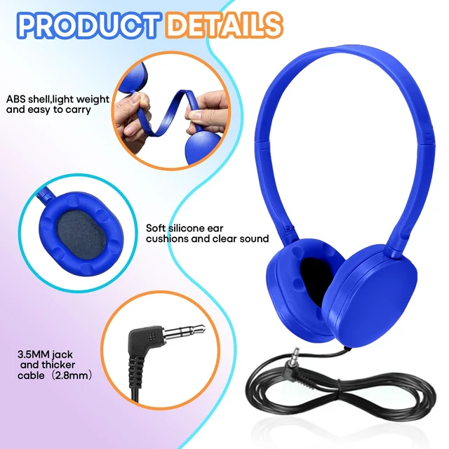 Alt view image 3 of 7 - Kids Headphones Bulk 50 Pack for Classroom School,Durable Wholesale Wired On Ear Headphones for Kids Student Boys Girls Teens and Adults,3.5mm Jack (Bule)
