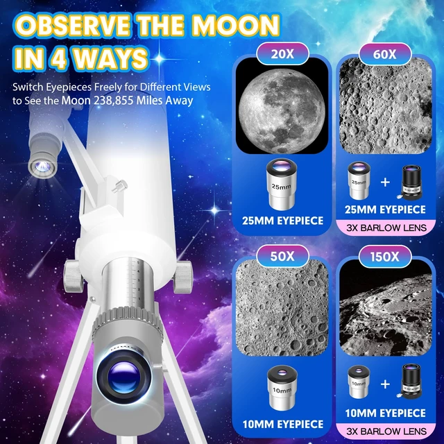 Alt view image 4 of 7 - 80mm Aperture 500mm Telescope for Kids 8-12 & Adults Beginners Astronomical Refractor Telescope Kit for Beginners with Decorate Stickers, AZ Tripod, Phone Adapter
