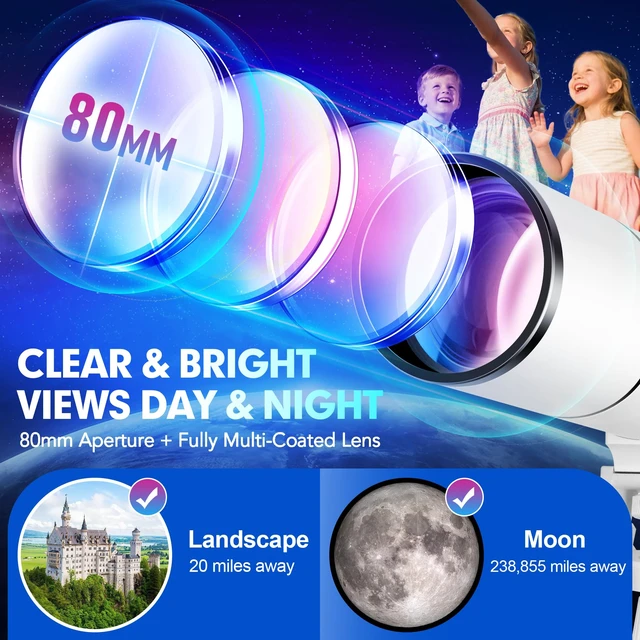 Alt view image 3 of 7 - 80mm Aperture 500mm Telescope for Kids 8-12 & Adults Beginners Astronomical Refractor Telescope Kit for Beginners with Decorate Stickers, AZ Tripod, Phone Adapter