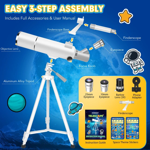 Alt view image 6 of 7 - 80mm Aperture 500mm Telescope for Kids 8-12 & Adults Beginners Astronomical Refractor Telescope Kit for Beginners with Decorate Stickers, AZ Tripod, Phone Adapter