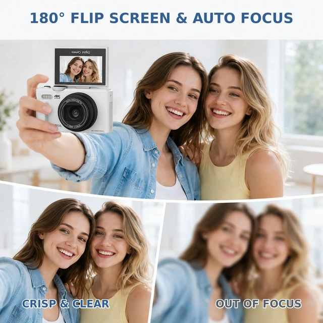 Alt view image 2 of 7 - 4K Digital Camera for Photography,64MP Vlogging Camera for YouTube(White) 3" 180°Flip Screen, 18X Digital Zoom,WIFI,Autofocus Compact Camera with Flash,32GB TF Card & 2 Batteries
