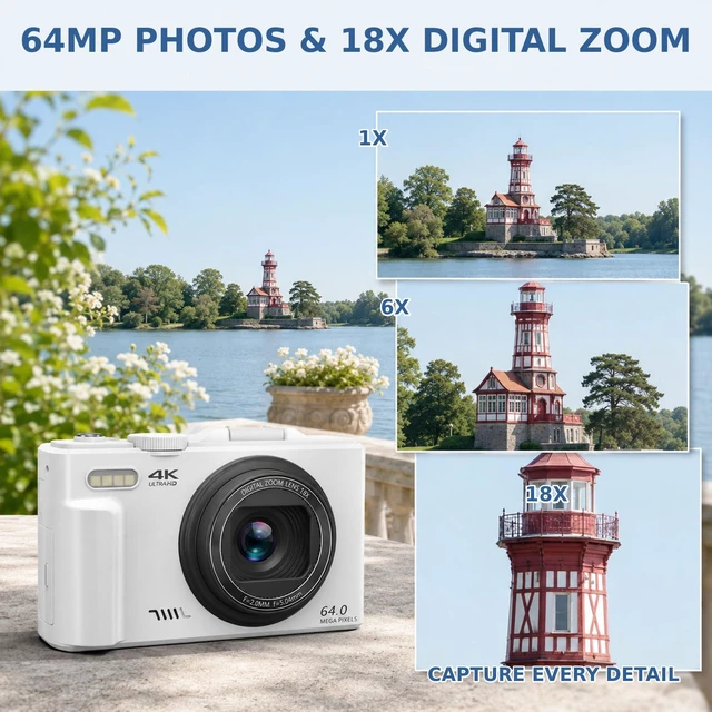 Alt view image 3 of 7 - 4K Digital Camera for Photography,64MP Vlogging Camera for YouTube(White) 3" 180°Flip Screen, 18X Digital Zoom,WIFI,Autofocus Compact Camera with Flash,32GB TF Card & 2 Batteries
