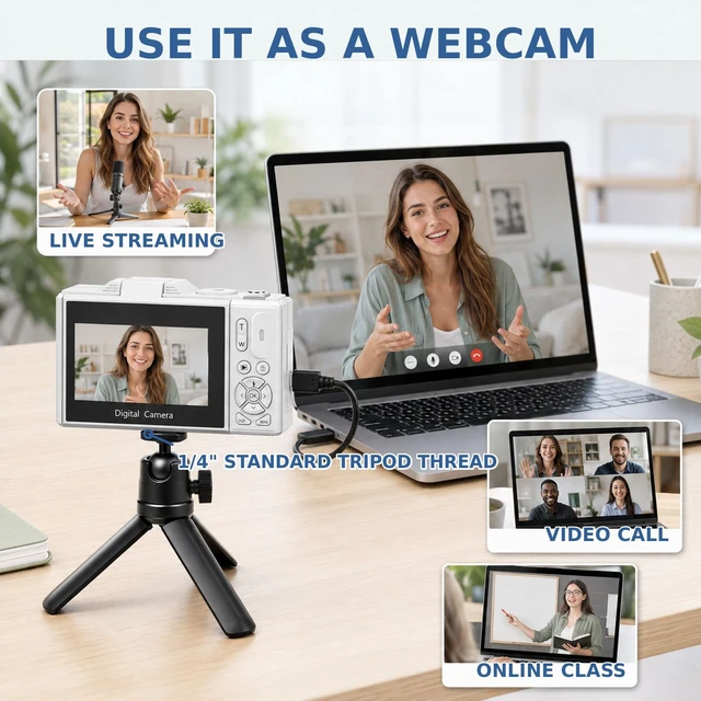 Alt view image 4 of 7 - 4K Digital Camera for Photography,64MP Vlogging Camera for YouTube(White) 3" 180°Flip Screen, 18X Digital Zoom,WIFI,Autofocus Compact Camera with Flash,32GB TF Card & 2 Batteries