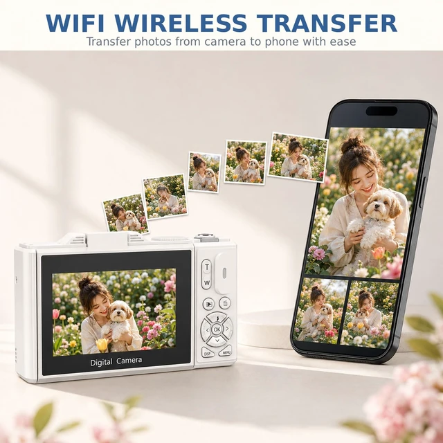 Alt view image 5 of 7 - 4K Digital Camera for Photography,64MP Vlogging Camera for YouTube(White) 3" 180°Flip Screen, 18X Digital Zoom,WIFI,Autofocus Compact Camera with Flash,32GB TF Card & 2 Batteries