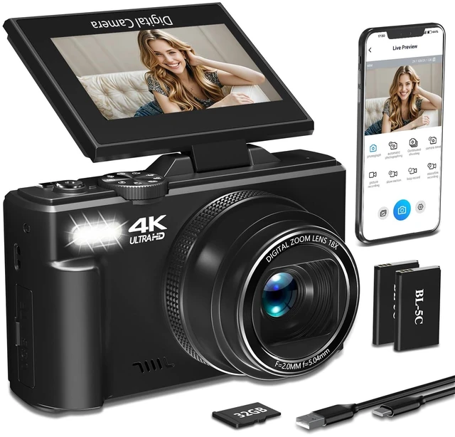 Main image of 4K Digital Camera for Photography,64MP Vlogging Camera for YouTube(Black) 3" 180°Flip Screen, 18X Digital Zoom,WIFI,Autofocus Compact Camera with Flash,32GB TF Card & 2 Batteries