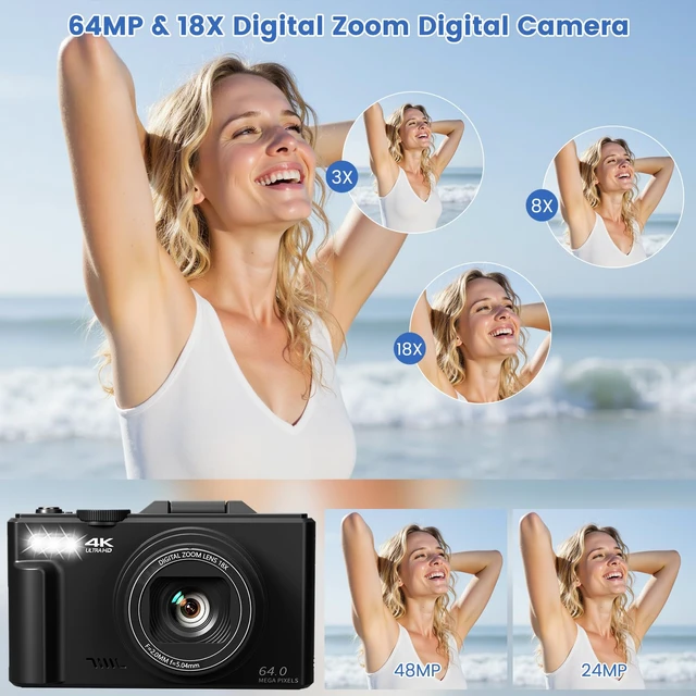 Alt view image 3 of 7 - 4K Digital Camera for Photography,64MP Vlogging Camera for YouTube(Black) 3" 180°Flip Screen, 18X Digital Zoom,WIFI,Autofocus Compact Camera with Flash,32GB TF Card & 2 Batteries