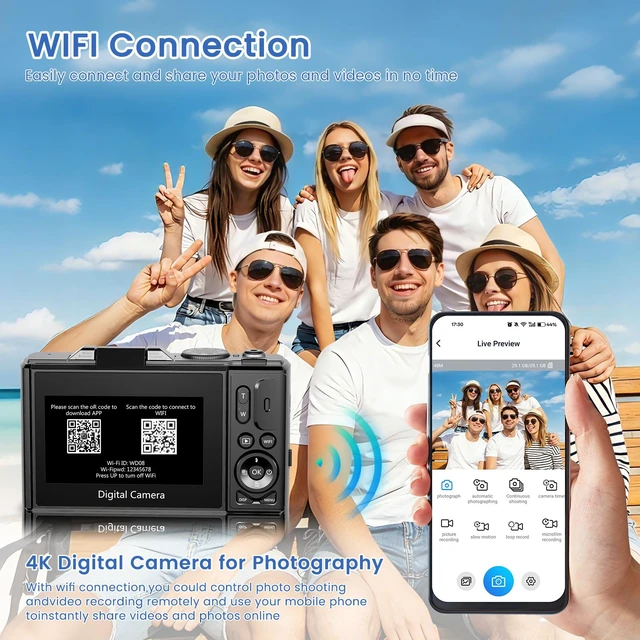 Alt view image 5 of 7 - 4K Digital Camera for Photography,64MP Vlogging Camera for YouTube(Black) 3" 180°Flip Screen, 18X Digital Zoom,WIFI,Autofocus Compact Camera with Flash,32GB TF Card & 2 Batteries