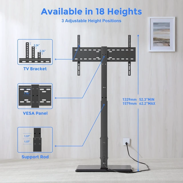 Alt view image 5 of 7 - Floor TV Stand with Power Outlet for 32-75 Inch TVs, 110 lbs Capacity ±30° Swivel Height Adjustable Stable Wood Base Cable Management Safety Lock Ideal for Living Room Bedroom Office