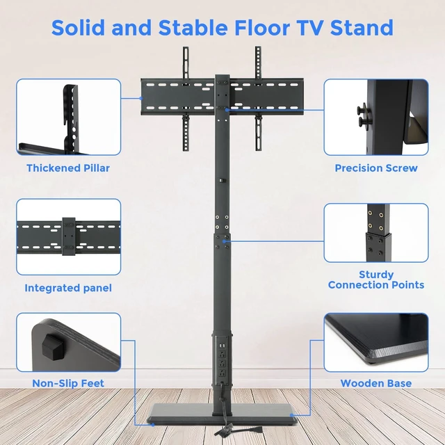 Alt view image 6 of 7 - Floor TV Stand with Power Outlet for 32-75 Inch TVs, 110 lbs Capacity ±30° Swivel Height Adjustable Stable Wood Base Cable Management Safety Lock Ideal for Living Room Bedroom Office