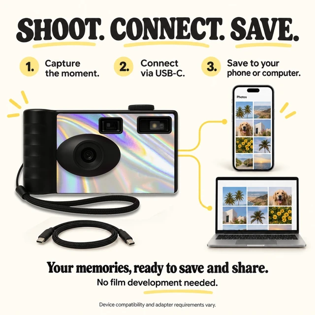 Alt view image 4 of 7 - Screen Free Digital Camera Four Built in Filters Rechargeable, 8mp, Lightweight, Focus-Free, Auto-Flash, Easy-to-Use, Reusable, Retro Film-Style Photos (Holographic)