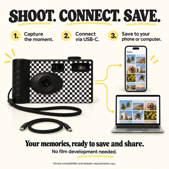 Alt view image 3 of 7 - Screen Free Digital Camera Four Built in Filters Rechargeable, 8mp, Lightweight, Focus-Free, Auto-Flash, Easy-to-Use, Reusable, Retro Film-Style Photos (Checker Pattern)
