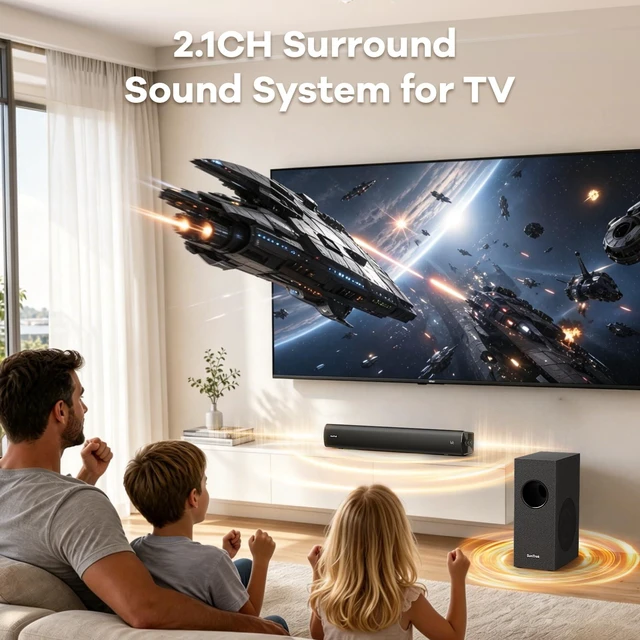 Alt view image 2 of 7 - Sound Bar for Smart TV,2.1CH Soundbar with Subwoofer,Karaoke Machine for TV Karaoke SoundBar with Microphones,BT 5.3 Surround Sound System for TV, Home Theater Soundbar Speakers with ARC/AUX for Party