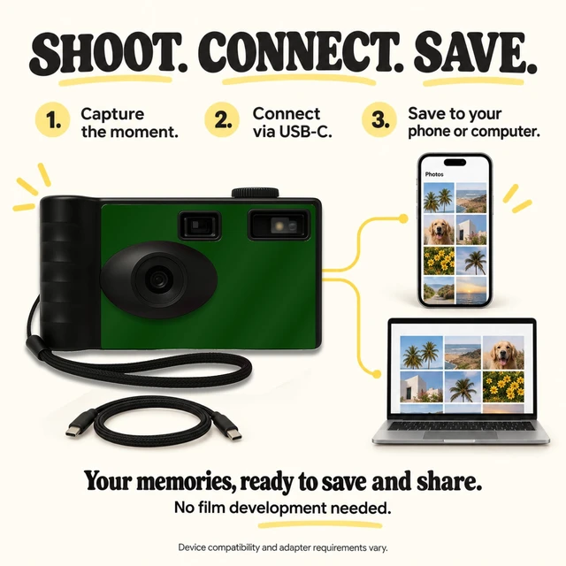 Alt view image 3 of 7 - Screen Free Digital Camera Four Built in Filters Rechargeable, 8mp, Lightweight, Focus-Free, Auto-Flash, Easy-to-Use, Reusable, Retro Film-Style Photos (Forest Green)