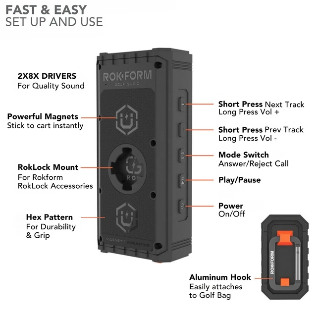 Alt view image 6 of 7 - G-ROK Wireless Golf Speaker, Portable Magnetic, IPX7 Waterproof, Shockproof & Dustproof, Loud & Clear Sound, 24 Hour Battery, Rugged Outdoor Golf Cart Speaker (Black) ASIN