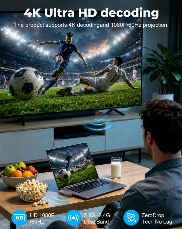 Alt view image 2 of 7 - Wireless HDMI Transmitter and Receiver, 4K Input to 1080P@60Hz, 328FT Range USB-C 5.8G+2.4G Plug & Play Adapter for Phone, Laptop, Monitor, PC to TV, Projector, Gaming, Home Theater