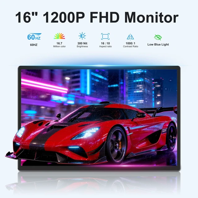Alt view image 3 of 7 - 16" 1200P Horizontal Vertical Portable Monitor with Detachable Kickstand Laptop Screen Extender FHD Built-in Speakers, Plug & Play Computer Gaming Travel Extra Monitor for Wins Mac Chrome Phone