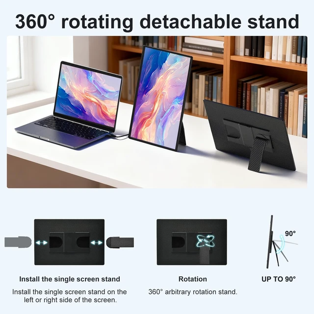 Alt view image 4 of 7 - 16" 1200P Horizontal Vertical Portable Monitor with Detachable Kickstand Laptop Screen Extender FHD Built-in Speakers, Plug & Play Computer Gaming Travel Extra Monitor for Wins Mac Chrome Phone