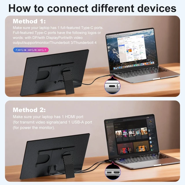 Alt view image 7 of 7 - 16" 1200P Horizontal Vertical Portable Monitor with Detachable Kickstand Laptop Screen Extender FHD Built-in Speakers, Plug & Play Computer Gaming Travel Extra Monitor for Wins Mac Chrome Phone