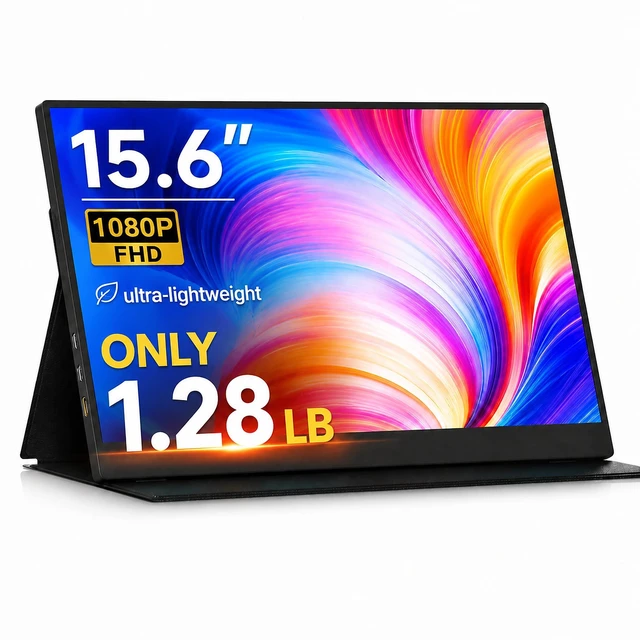 Main image of 15.6" Portable Monitor, 1.28lb Ultra-Light 1080P FHD Laptop Screen Anti-Glare, Low Blue Light, 85% sRGB, USB-C, HDMI, Kickstand Case External Monitor for Laptop, MacBook, Switch, PS5, Xbox