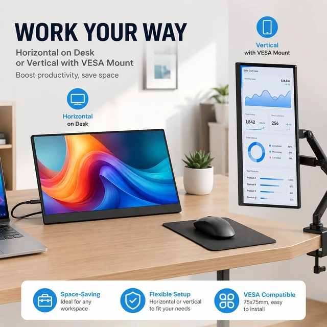 Alt view image 4 of 7 - 15.6" Portable Monitor, 1.28lb Ultra-Light 1080P FHD Laptop Screen Anti-Glare, Low Blue Light, 85% sRGB, USB-C, HDMI, Kickstand Case External Monitor for Laptop, MacBook, Switch, PS5, Xbox