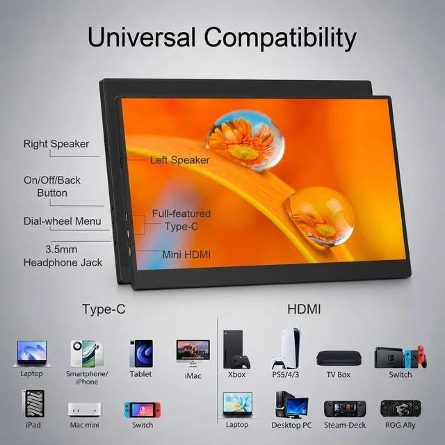 Alt view image 5 of 7 - 15.6" Portable Monitor, 1.28lb Ultra-Light 1080P FHD Laptop Screen Anti-Glare, Low Blue Light, 85% sRGB, USB-C, HDMI, Kickstand Case External Monitor for Laptop, MacBook, Switch, PS5, Xbox