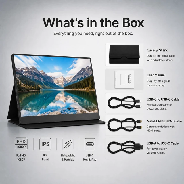 Alt view image 7 of 7 - 15.6" Portable Monitor, 1.28lb Ultra-Light 1080P FHD Laptop Screen Anti-Glare, Low Blue Light, 85% sRGB, USB-C, HDMI, Kickstand Case External Monitor for Laptop, MacBook, Switch, PS5, Xbox