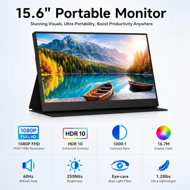 Alt view image 6 of 7 - 15.6" Portable Monitor, 1.28lb Ultra-Light 1080P FHD Laptop Screen Anti-Glare, Low Blue Light, 85% sRGB, USB-C, HDMI, Kickstand Case External Monitor for Laptop, MacBook, Switch, PS5, Xbox