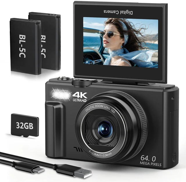 Main image of 4K Digital Camera for Photography, 64MP Vlogging Camera with 180° Screen Compact Point And Shoot Camera With WiFi, 32GB Card, 2 Rechargeable Batteries, Portable Travel Camera, Black