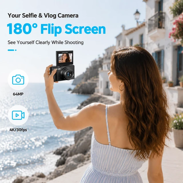 Alt view image 2 of 7 - 4K Digital Camera for Photography, 64MP Vlogging Camera with 180° Screen Compact Point And Shoot Camera With WiFi, 32GB Card, 2 Rechargeable Batteries, Portable Travel Camera, Black